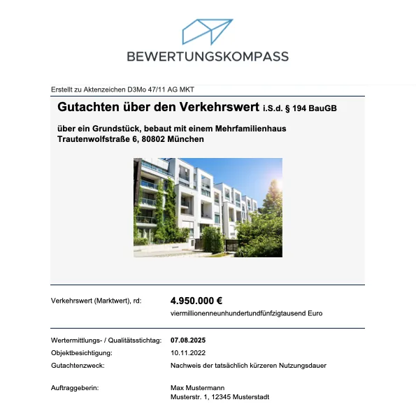Deckblatt eines Beispielgutachtens zur Immobilienbewertung